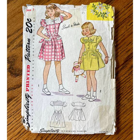Vintage 1940s Simplicity 1850 Sewing Pattern Girls Sz 7 One Piece Dress COMPLETE - Picture 1 of 2